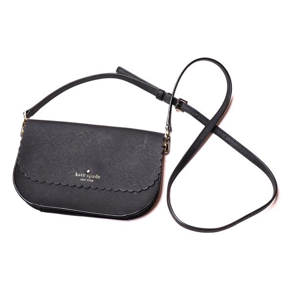 KATE SPADE Cape Drive Jettie Scalloped Black Leather Crossbody Bag Adjustable - Picture 1 of 11
